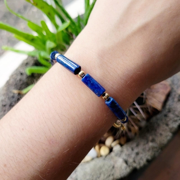 Vintage 14K GF Lapis Lazuli Egyptian Scarab Gemstone Beaded Bracelet - Picture 6 of 8
